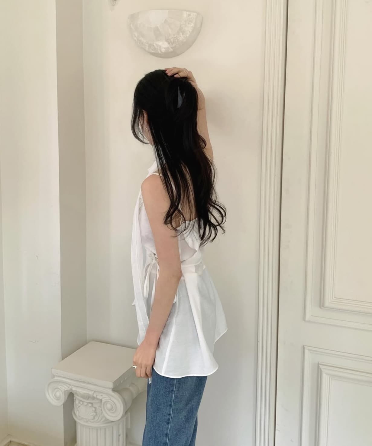 있음 선적 사이즈 업데이트 한국 chic 여름 새로운 목이버섯 레이스 칼라 불규칙 경 사진 레이스업 캐미솔 상세 이미지 3
