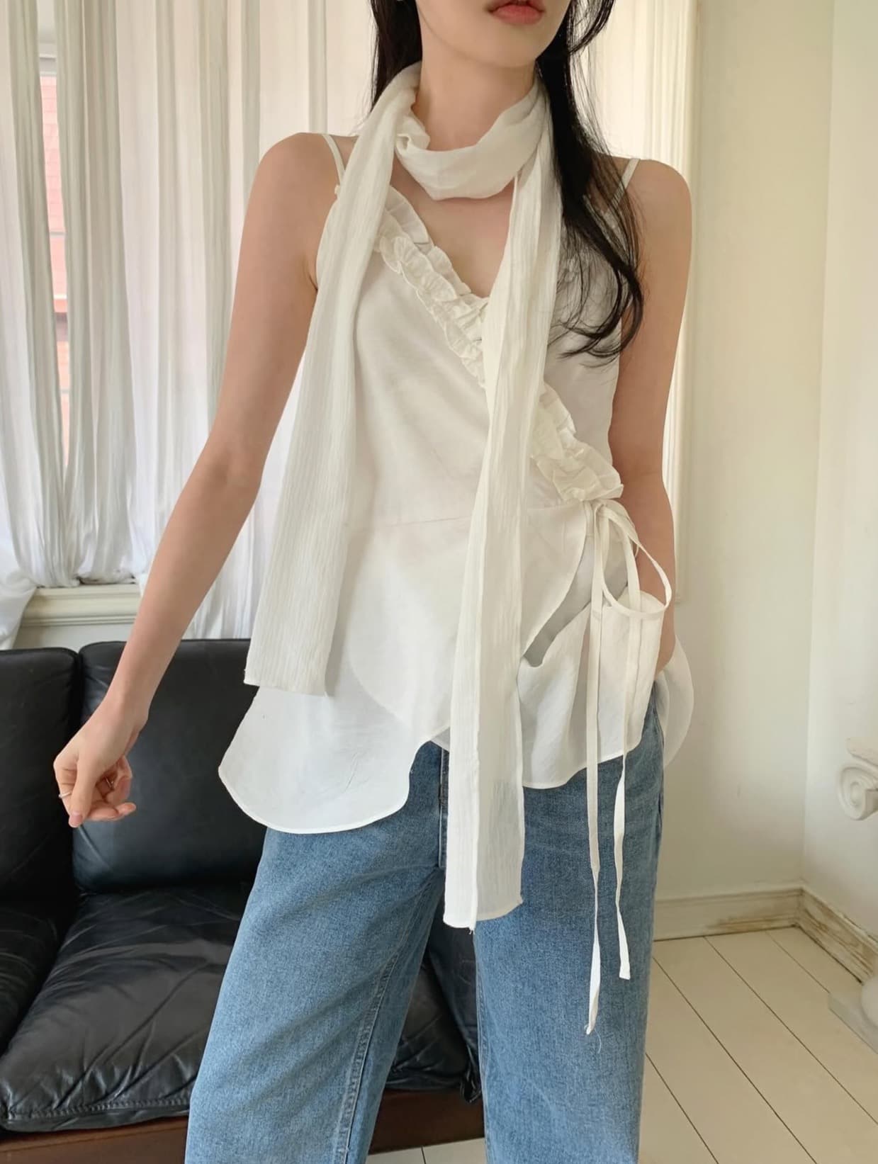 있음 선적 사이즈 업데이트 한국 chic 여름 새로운 목이버섯 레이스 칼라 불규칙 경 사진 레이스업 캐미솔 상세 이미지 4