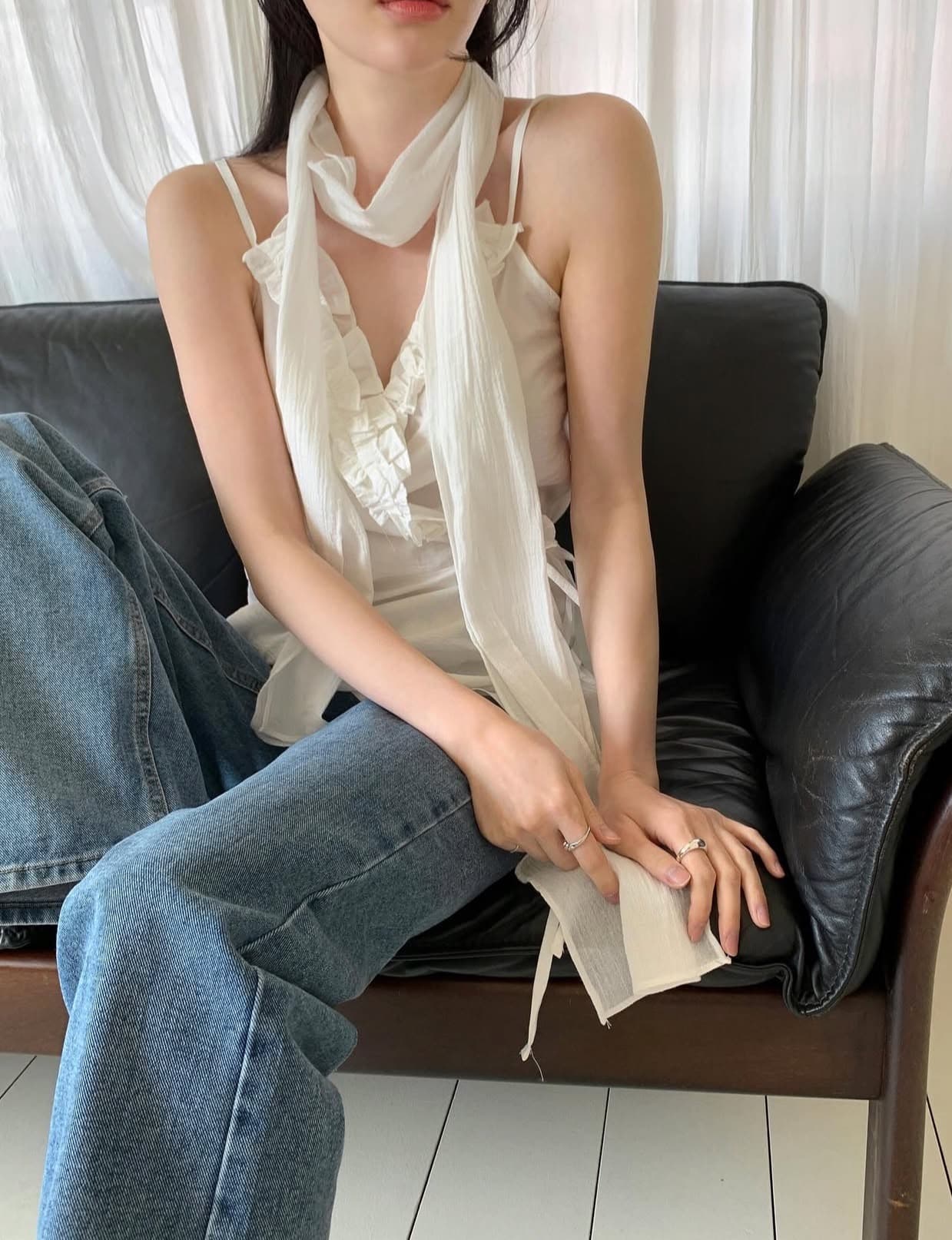 있음 선적 사이즈 업데이트 한국 chic 여름 새로운 목이버섯 레이스 칼라 불규칙 경 사진 레이스업 캐미솔 상세 이미지 6