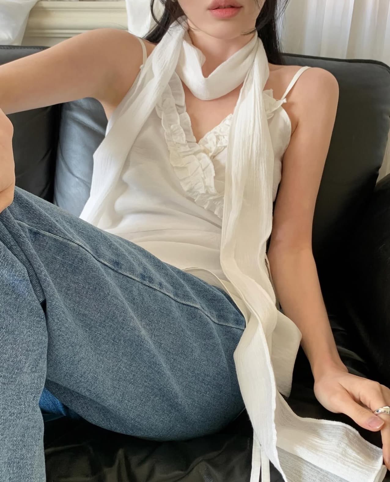 있음 선적 사이즈 업데이트 한국 chic 여름 새로운 목이버섯 레이스 칼라 불규칙 경 사진 레이스업 캐미솔 상세 이미지 7