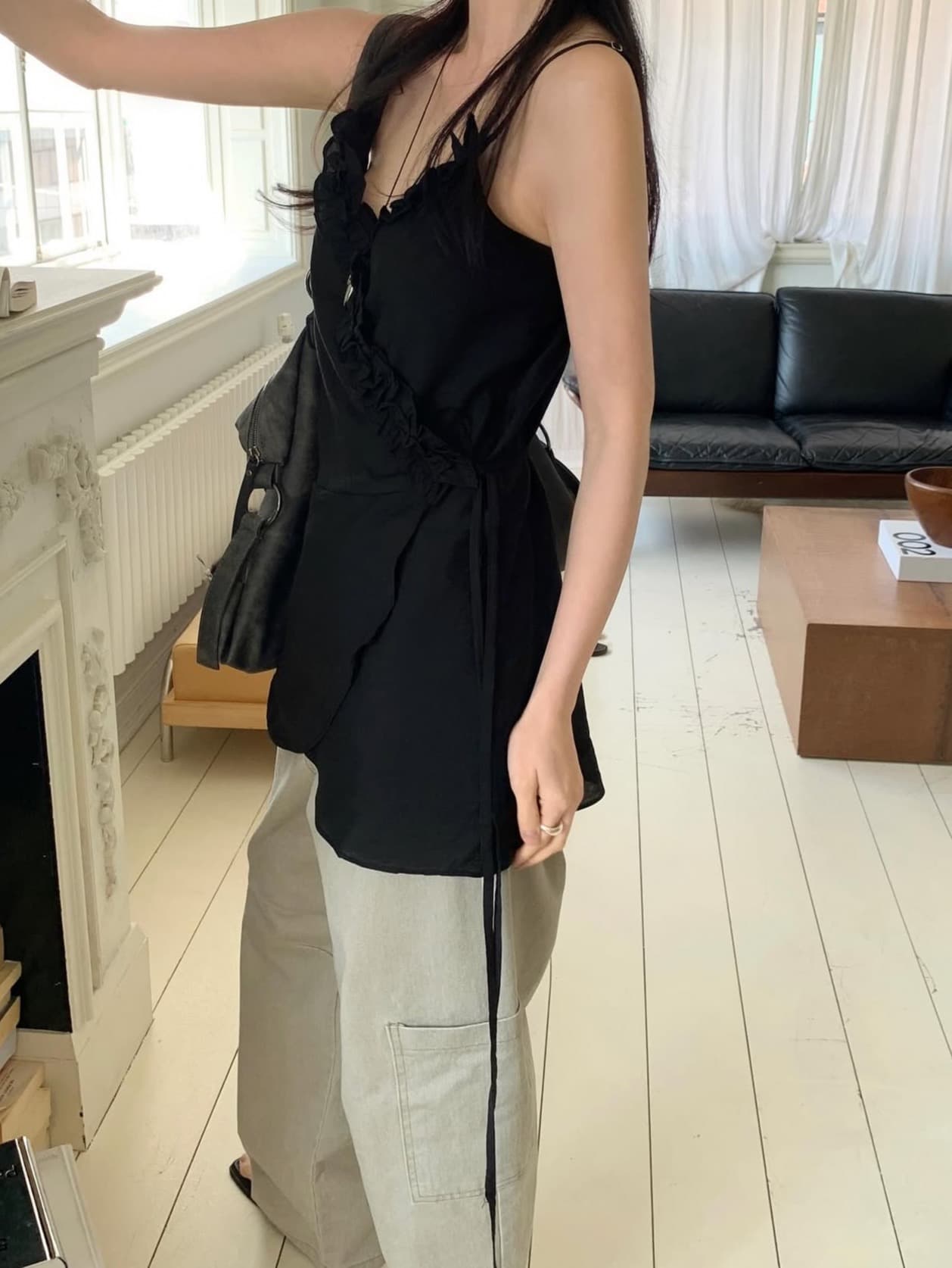 있음 선적 사이즈 업데이트 한국 chic 여름 새로운 목이버섯 레이스 칼라 불규칙 경 사진 레이스업 캐미솔 상세 이미지 10