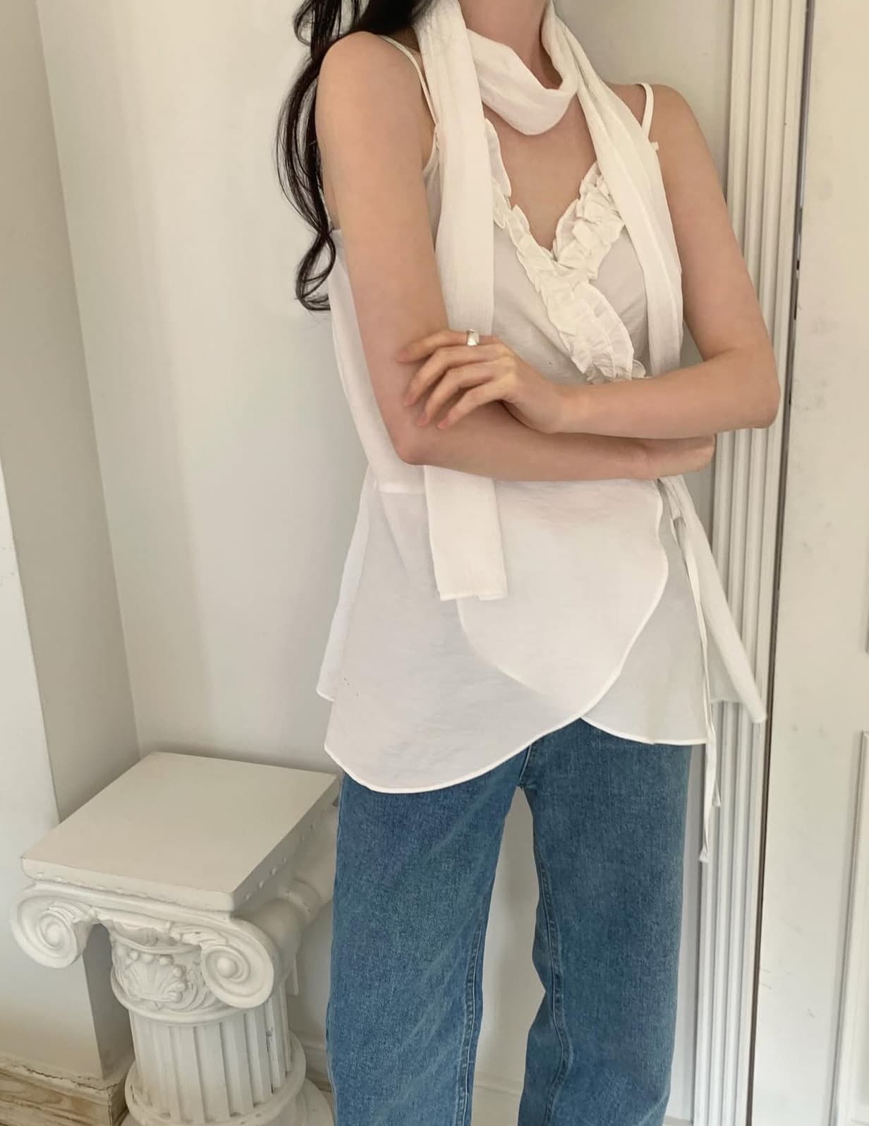 있음 선적 사이즈 업데이트 한국 chic 여름 새로운 목이버섯 레이스 칼라 불규칙 경 사진 레이스업 캐미솔 상세 이미지 16