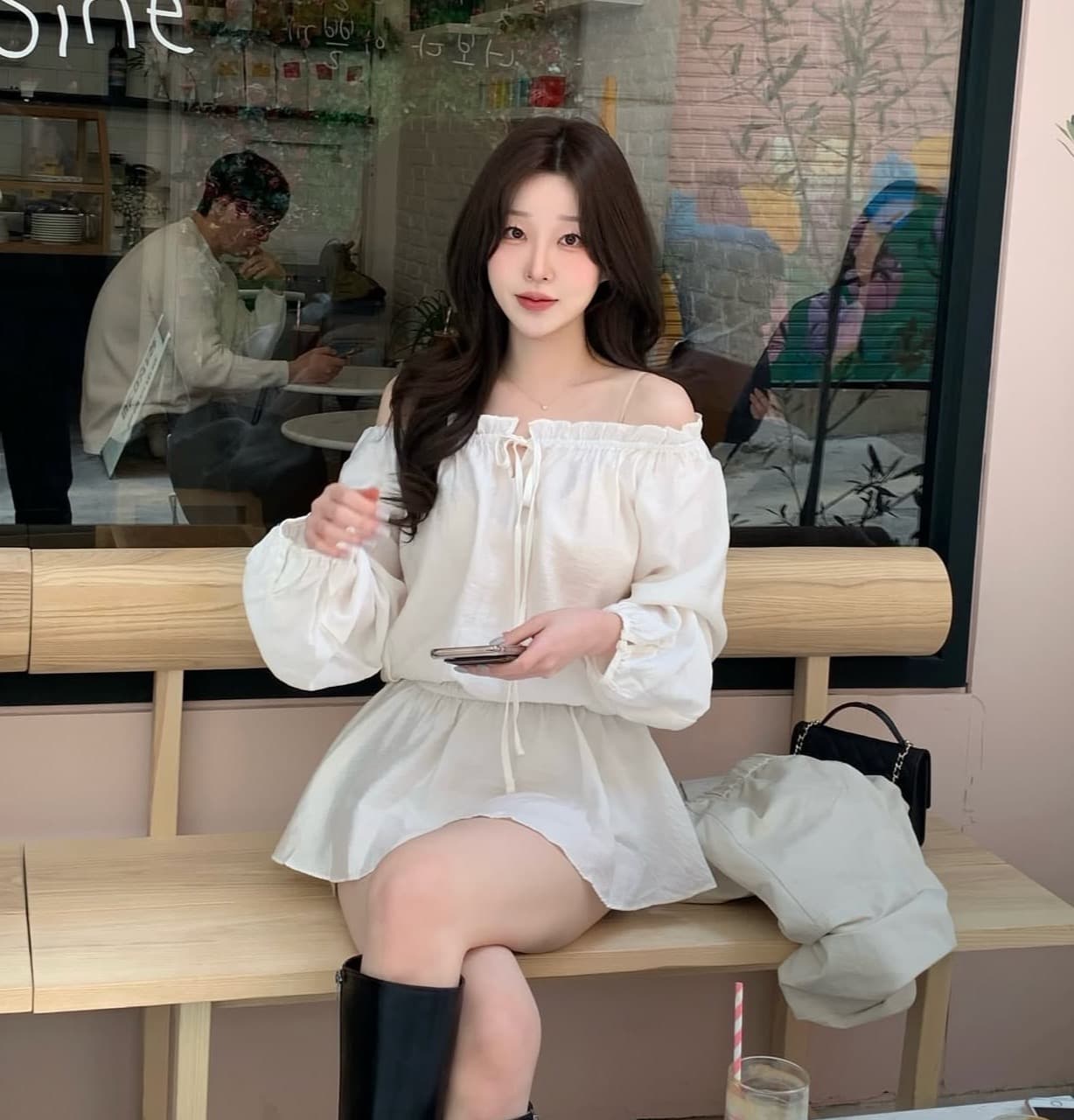 있음 선적 사이즈 업데이트 한국 chic 봄 여름 새로운 디자인 센스 프릴 오프숄더 스트랩 달콤함 드레스 상세 이미지 12