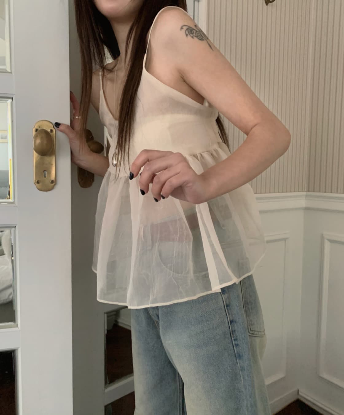 있음 선적 사이즈 업데이트 한국 chic 여름 새로운 뒤로 나비 넥타이 달콤함 시스루 캐미솔 상세 이미지 15