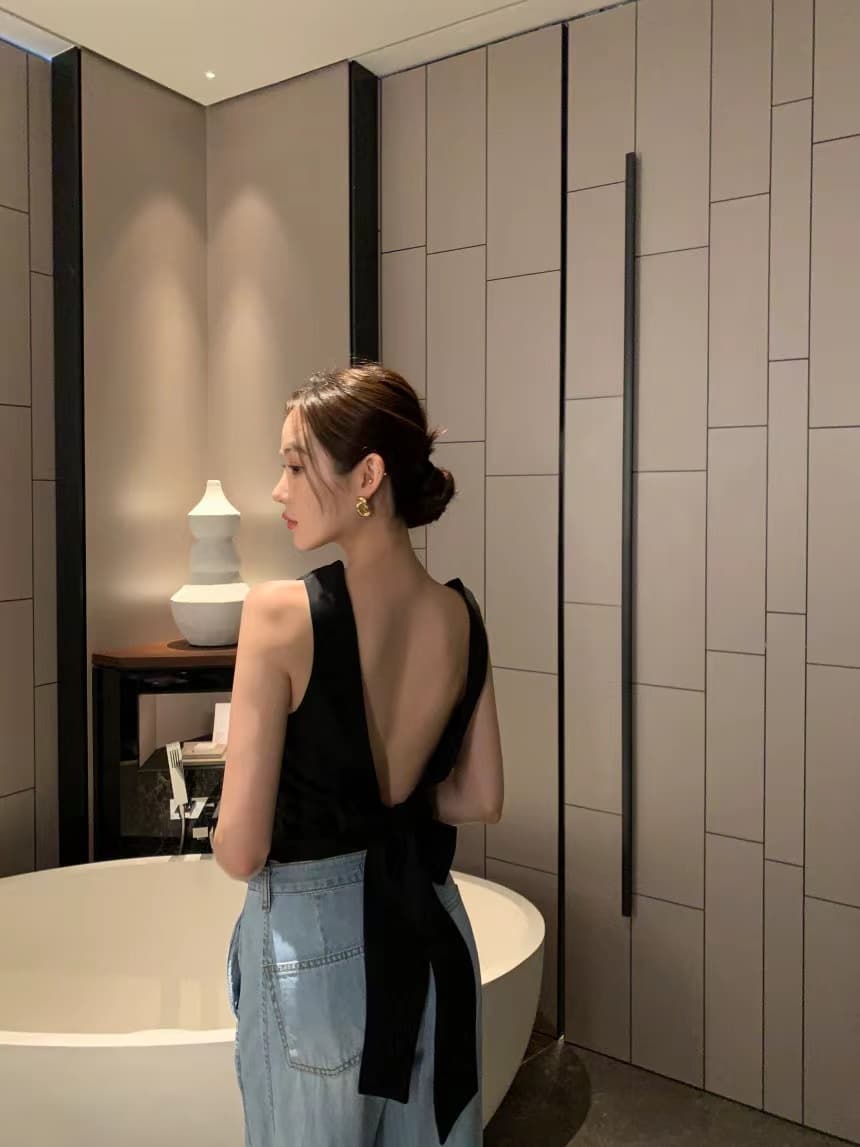 있음 선적 사이즈 업데이트 한국 chic 여름 새로운 품격 미니멀리즘 백리스 스트랩 민소매 맨위 상세 이미지 15