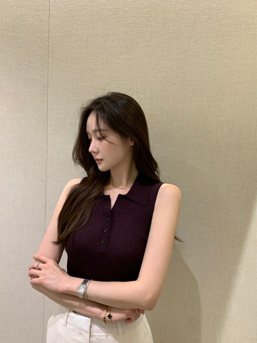 있음 선적 사이즈 업데이트 한국 chic 여름 새로운 얇은 스타일 폴로 칼라 품격 민소매 니트 스웨터 상세 이미지 17