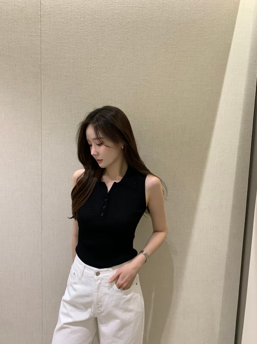있음 선적 사이즈 업데이트 한국 chic 여름 새로운 얇은 스타일 폴로 칼라 품격 민소매 니트 스웨터 상세 이미지 25