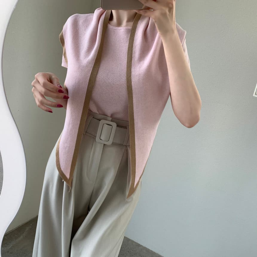 있음 선적 사이즈 업데이트 한국 chic 여름 새로운 패치워크 색상 숄 품격 반팔 니트 투피스 세트 상세 이미지 17