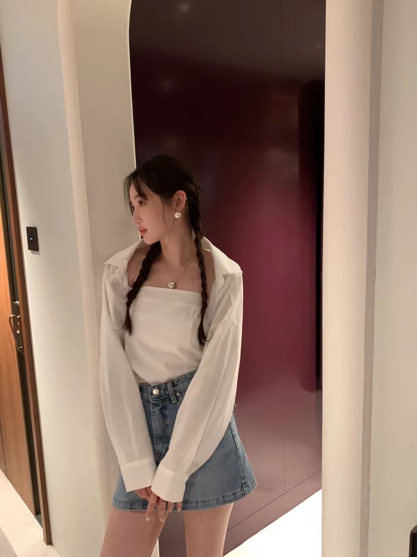 있음 선적 사이즈 업데이트 한국 chic 여름 새로운 품격 폴로 칼라 쇼트 스타일 셔츠 캐미솔 투피스 세트 상세 이미지 15