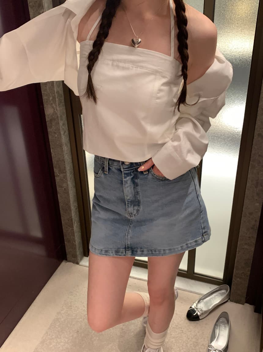 있음 선적 사이즈 업데이트 한국 chic 여름 새로운 품격 폴로 칼라 쇼트 스타일 셔츠 캐미솔 투피스 세트 상세 이미지 24
