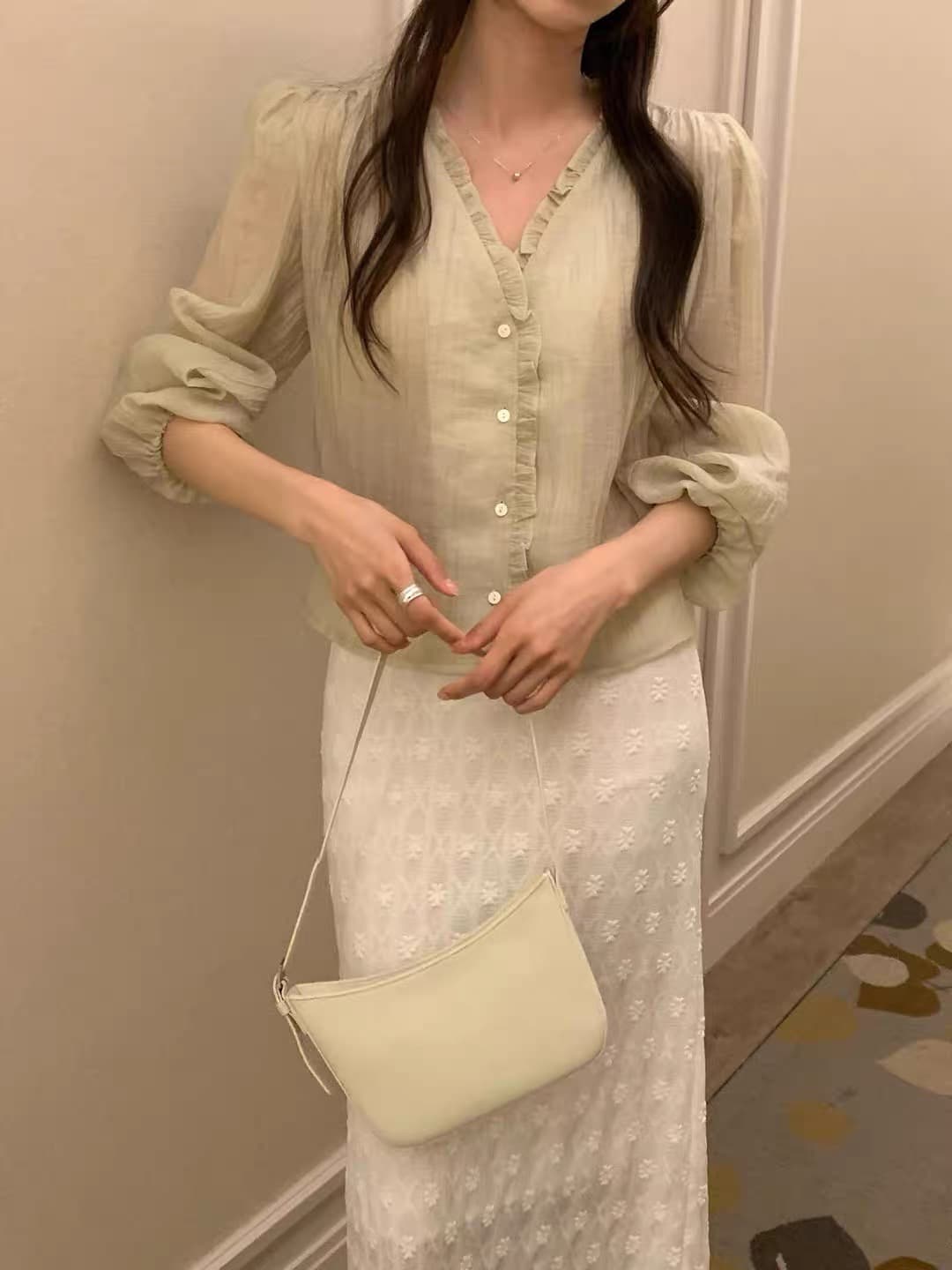 있음 선적 사이즈 업데이트 한국 chic 봄 여름 신제품 달콤함 목이버섯 레이스 긴팔 셔츠 상세 이미지 1