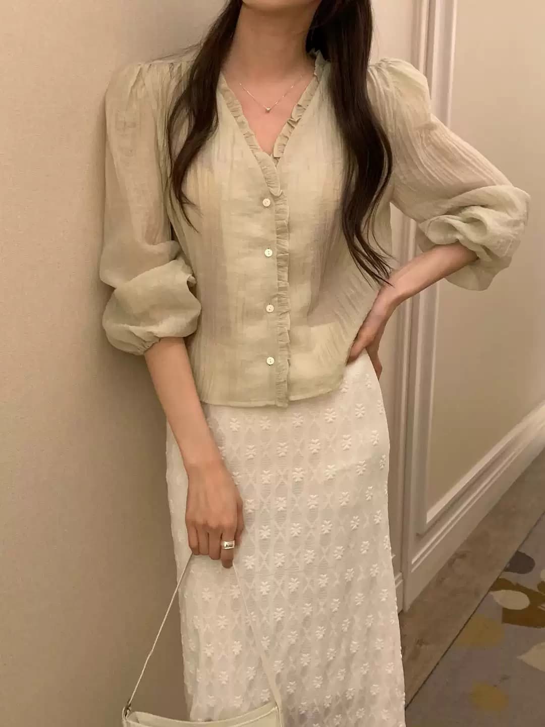 있음 선적 사이즈 업데이트 한국 chic 봄 여름 신제품 달콤함 목이버섯 레이스 긴팔 셔츠 상세 이미지 4