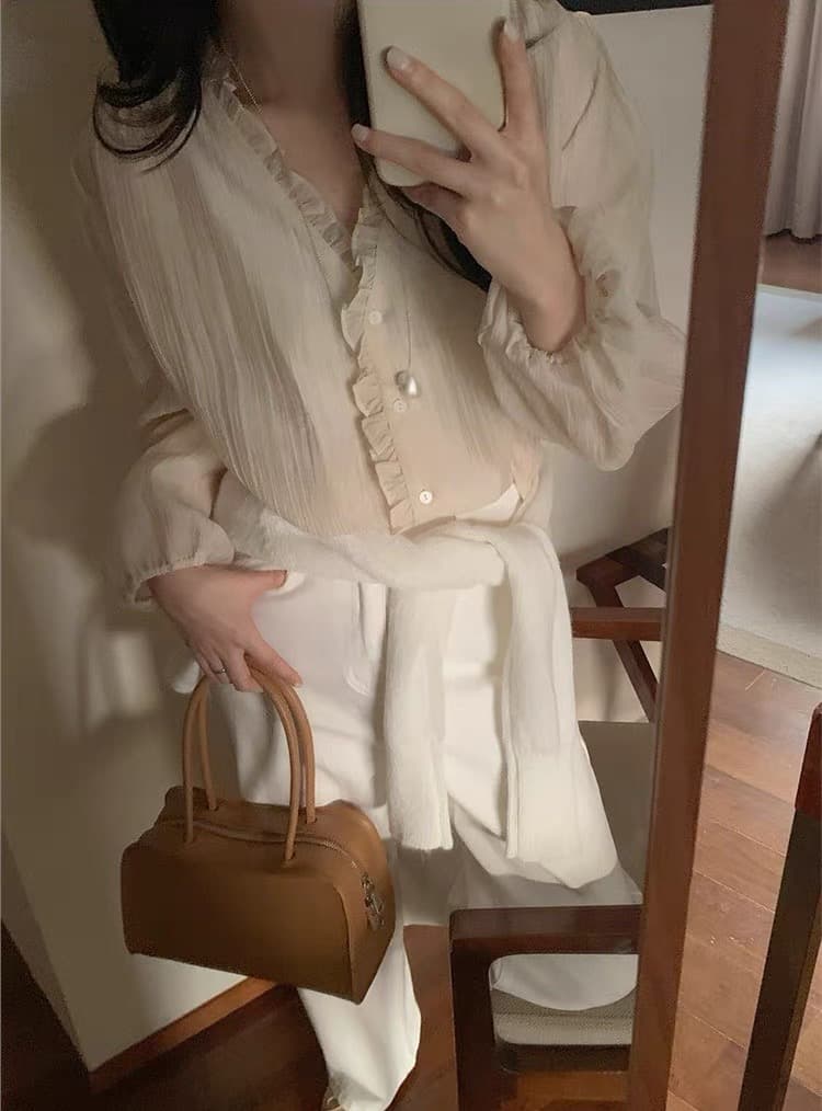 있음 선적 사이즈 업데이트 한국 chic 봄 여름 신제품 달콤함 목이버섯 레이스 긴팔 셔츠 상세 이미지 8