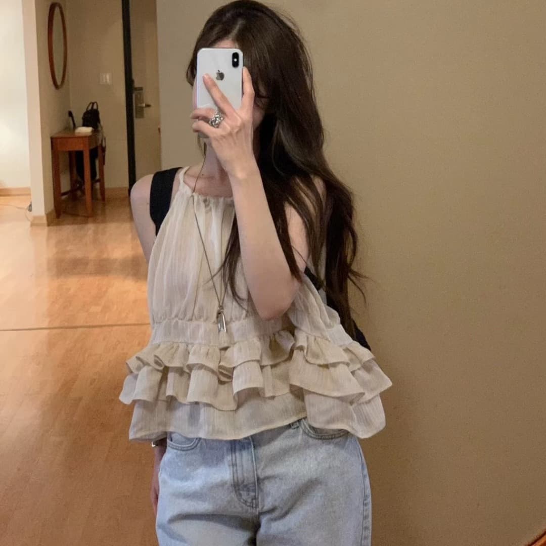있음 선적 사이즈 업데이트 한국 chic 여름 새로운 얇은 스타일 달콤함 품격 다중 레이어 레이스 진자 캐미솔