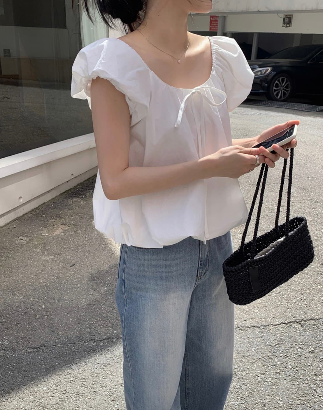 있음 선적 사이즈 업데이트 한국 chic 여름 새로운 프랑스식 달콤함 거품 소매 레이스업 칼라 반팔 셔츠 상세 이미지 1