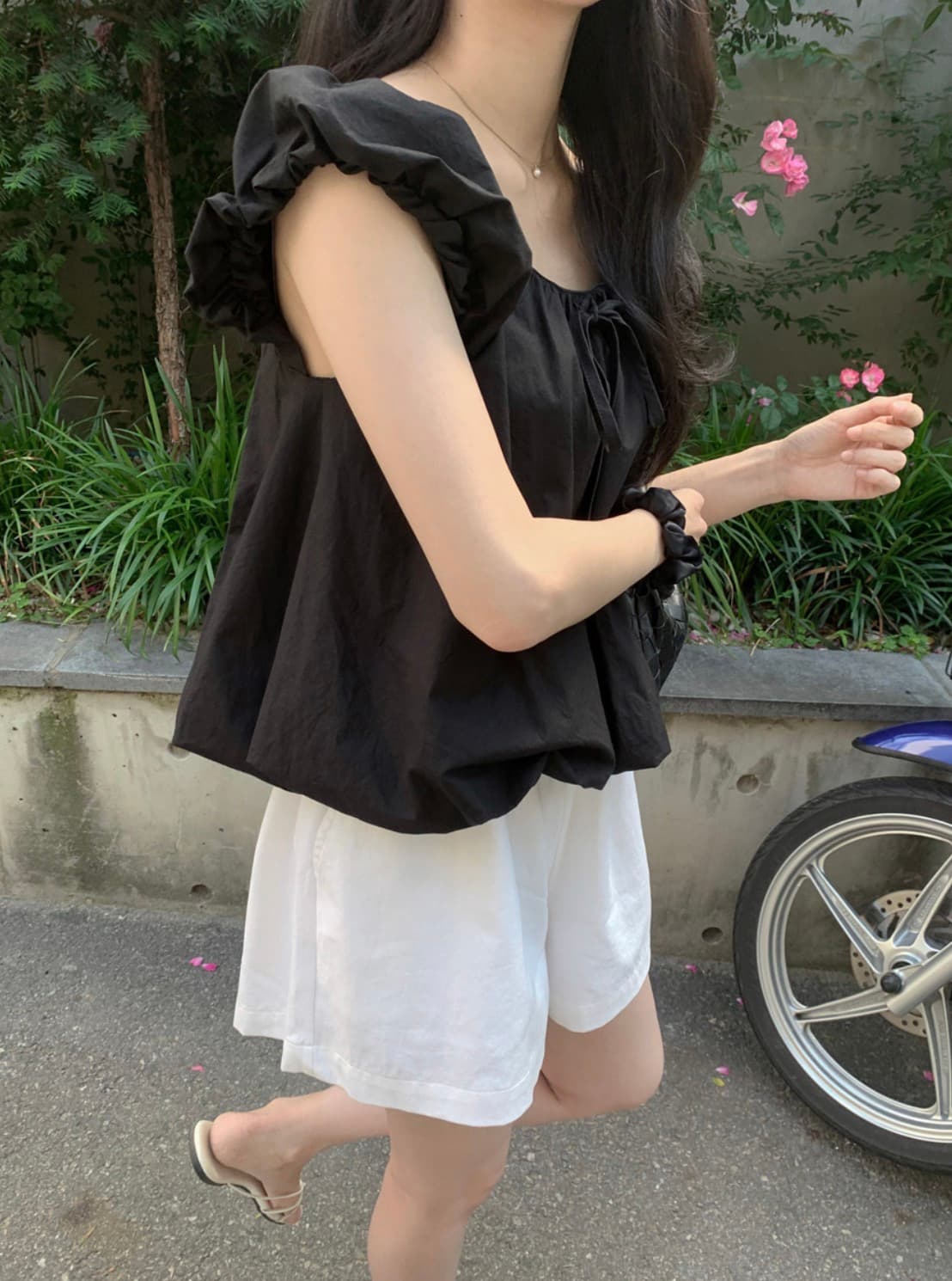 있음 선적 사이즈 업데이트 한국 chic 여름 새로운 프랑스식 달콤함 거품 소매 레이스업 칼라 반팔 셔츠 상세 이미지 8