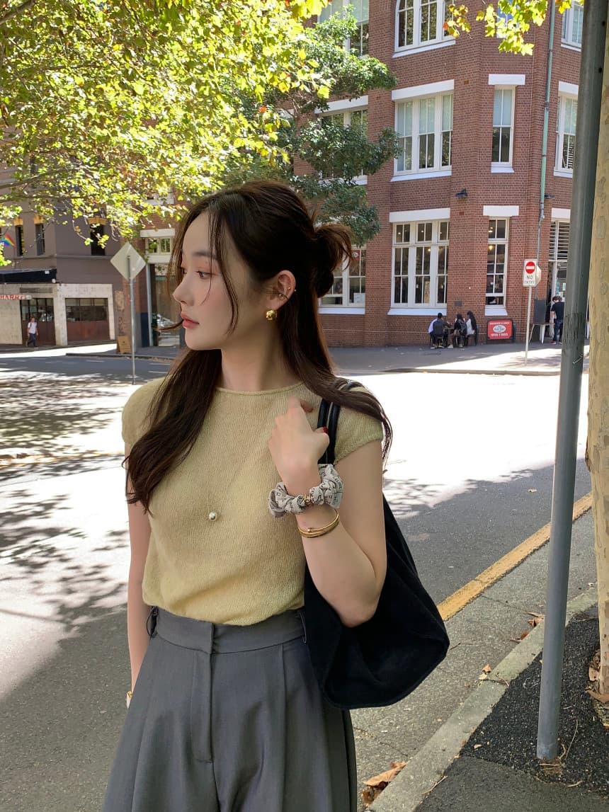 있음 선적 사이즈 업데이트 한국 chic 여름 새로운 프랑스식 미니멀리즘 라운드 넥 반팔 니트 스웨터 상세 이미지 5