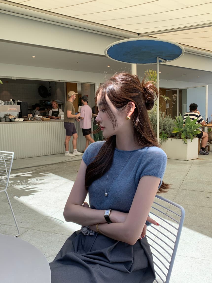 있음 선적 사이즈 업데이트 한국 chic 여름 새로운 프랑스식 미니멀리즘 라운드 넥 반팔 니트 스웨터 상세 이미지 22
