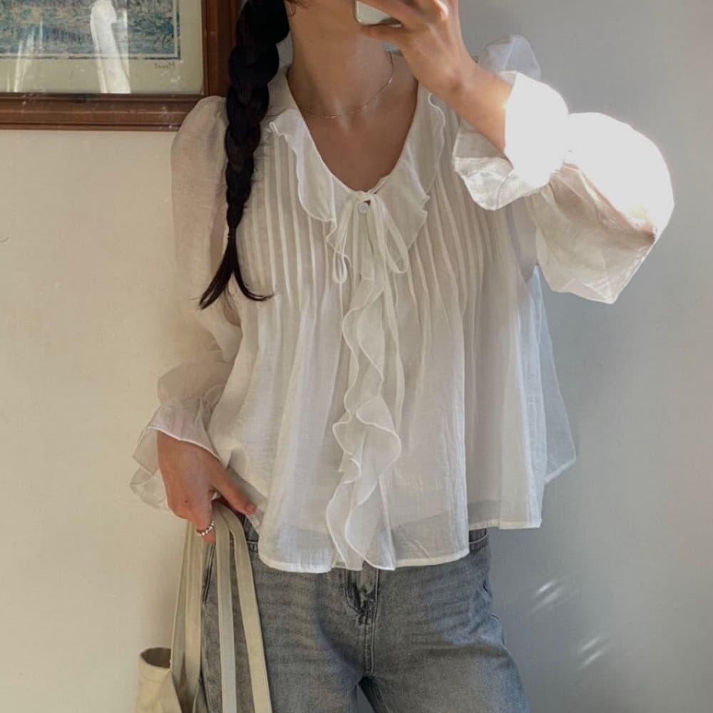 있음 선적 사이즈 업데이트 한국 chic 봄 여름 새로운 ins 디자인 센스 연꽃 잎 레이스 뒤로 주름 셔츠 이미지 2