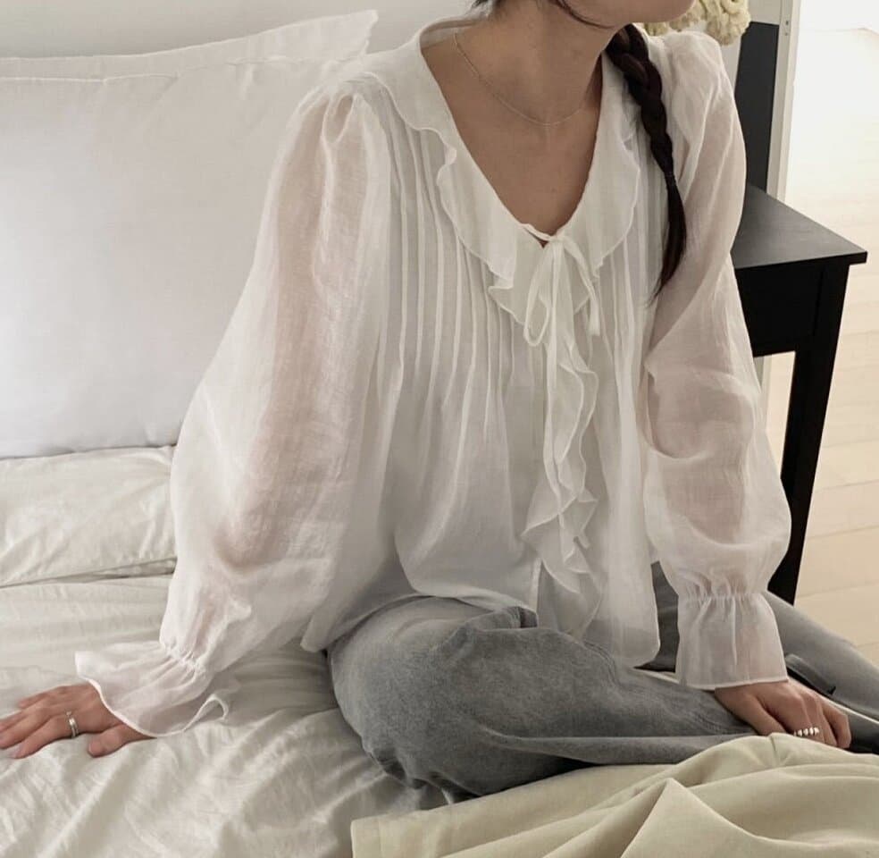 있음 선적 사이즈 업데이트 한국 chic 봄 여름 새로운 ins 디자인 센스 연꽃 잎 레이스 뒤로 주름 셔츠 상세 이미지 1