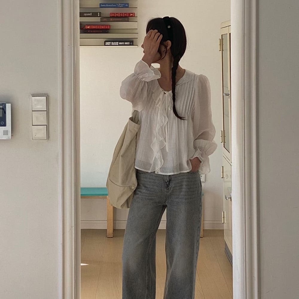 있음 선적 사이즈 업데이트 한국 chic 봄 여름 새로운 ins 디자인 센스 연꽃 잎 레이스 뒤로 주름 셔츠 상세 이미지 3