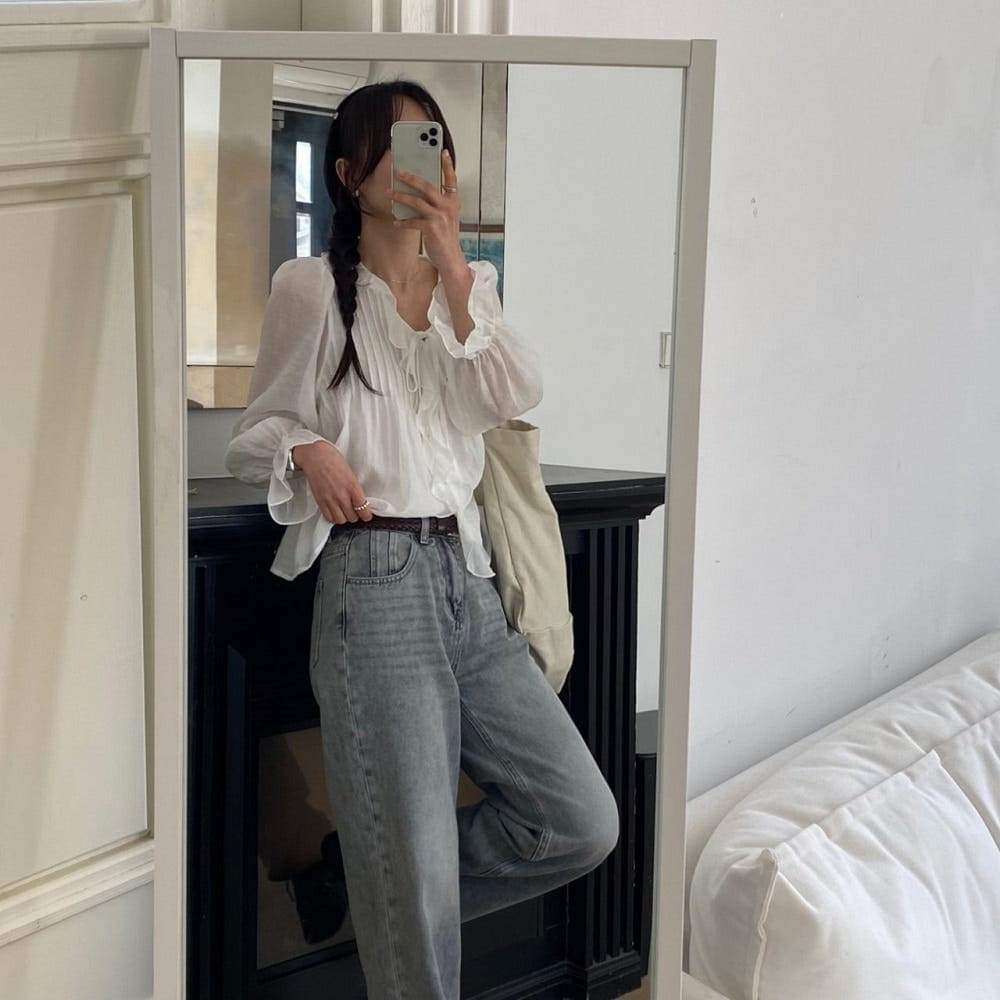 있음 선적 사이즈 업데이트 한국 chic 봄 여름 새로운 ins 디자인 센스 연꽃 잎 레이스 뒤로 주름 셔츠 상세 이미지 4