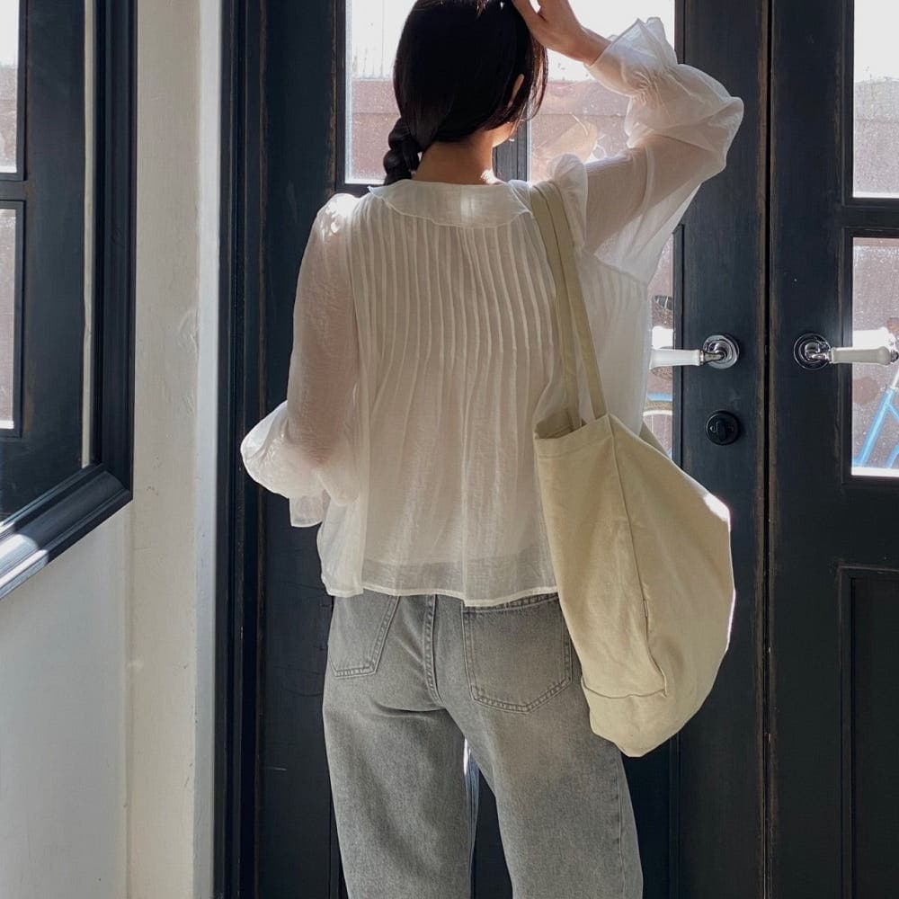 있음 선적 사이즈 업데이트 한국 chic 봄 여름 새로운 ins 디자인 센스 연꽃 잎 레이스 뒤로 주름 셔츠 상세 이미지 6