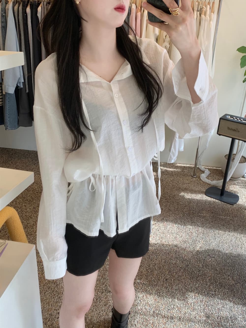 있음 선적 사이즈 업데이트 한국 chic 여름 새로운 품격 슬림해 보이는 허리 수축 슬림해 보이는 레이스업 긴팔 셔츠 이미지 2
