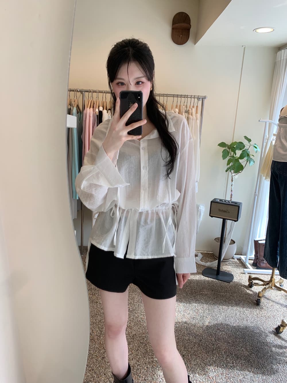 있음 선적 사이즈 업데이트 한국 chic 여름 새로운 품격 슬림해 보이는 허리 수축 슬림해 보이는 레이스업 긴팔 셔츠 이미지 4