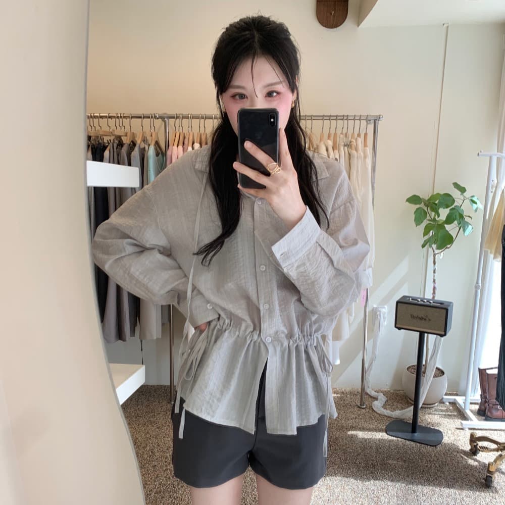 있음 선적 사이즈 업데이트 한국 chic 여름 새로운 품격 슬림해 보이는 허리 수축 슬림해 보이는 레이스업 긴팔 셔츠 이미지 3