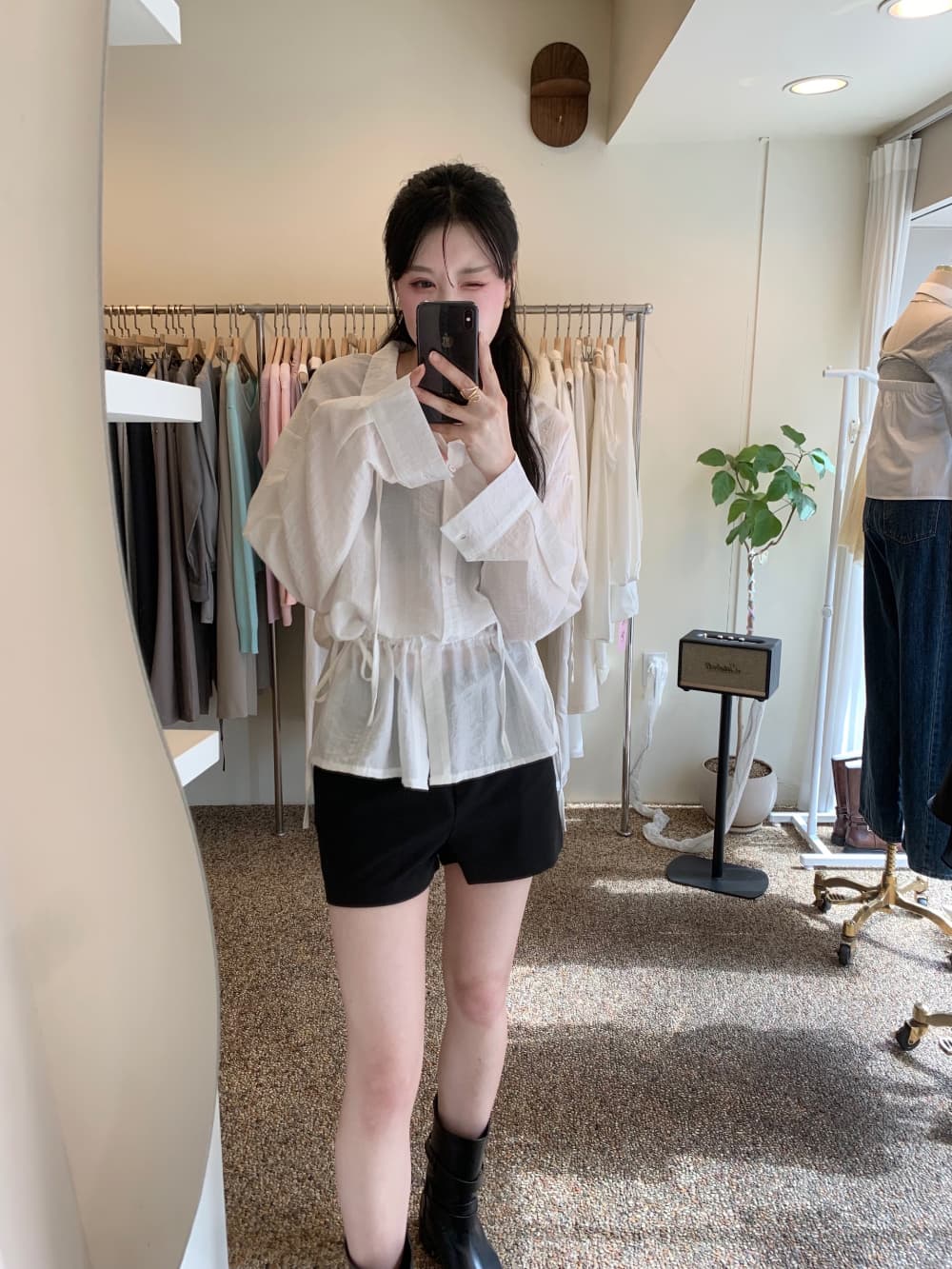 있음 선적 사이즈 업데이트 한국 chic 여름 새로운 품격 슬림해 보이는 허리 수축 슬림해 보이는 레이스업 긴팔 셔츠 상세 이미지 3