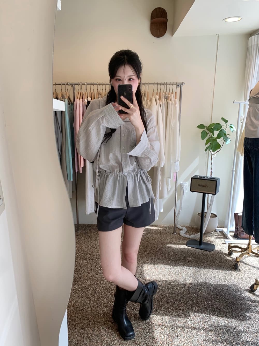 있음 선적 사이즈 업데이트 한국 chic 여름 새로운 품격 슬림해 보이는 허리 수축 슬림해 보이는 레이스업 긴팔 셔츠 상세 이미지 17