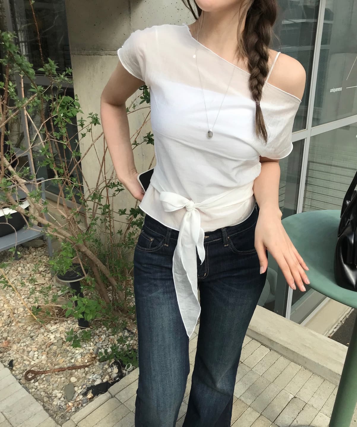 있음 선적 사이즈 업데이트 한국 chic 여름 새로운 수 있습니다. 오프숄더 ~을 통해 얇은 스타일 레이스업 허리 수축 슬림해 보이는 셔츠 상세 이미지 2