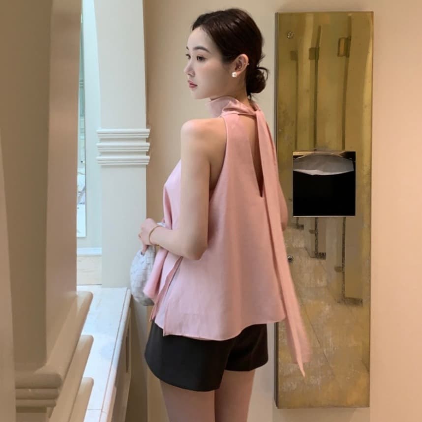 있음 선적 사이즈 업데이트 한국 chic 여름 프랑스식 미니멀리즘 레이스 업 셔츠 이미지 2