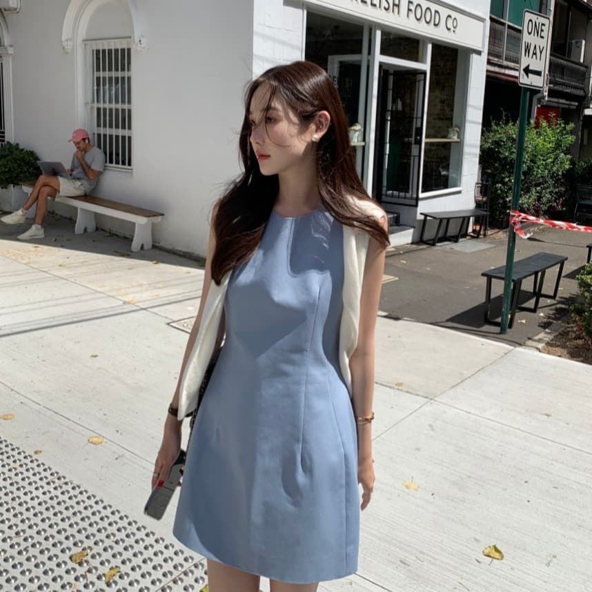 있음 선적 사이즈 업데이트 한국 chic 새로운 프랑스식 미니멀리즘 라운드 넥 품격 민소매 드레스