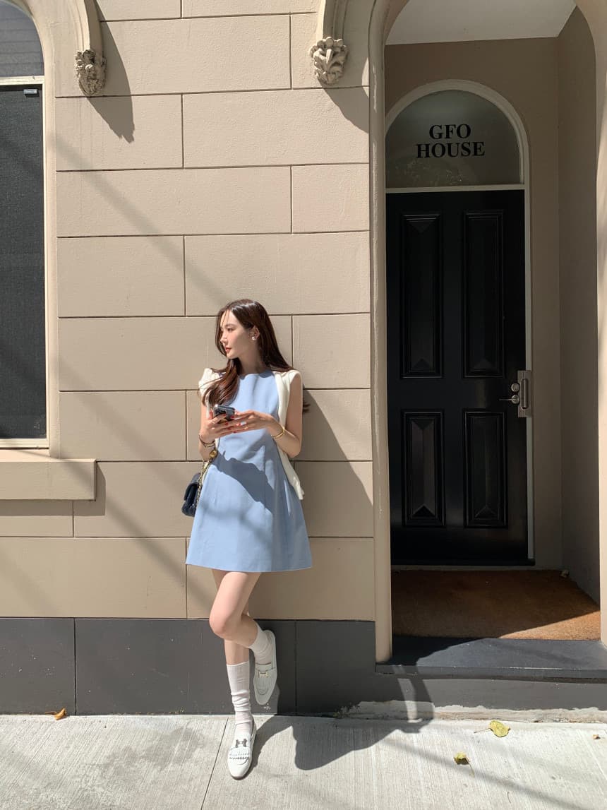 있음 선적 사이즈 업데이트 한국 chic 새로운 프랑스식 미니멀리즘 라운드 넥 품격 민소매 드레스 상세 이미지 1