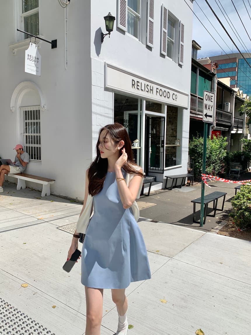 있음 선적 사이즈 업데이트 한국 chic 새로운 프랑스식 미니멀리즘 라운드 넥 품격 민소매 드레스 상세 이미지 8