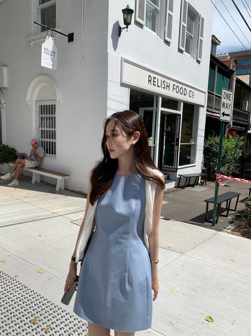 있음 선적 사이즈 업데이트 한국 chic 새로운 프랑스식 미니멀리즘 라운드 넥 품격 민소매 드레스 상세 이미지 51