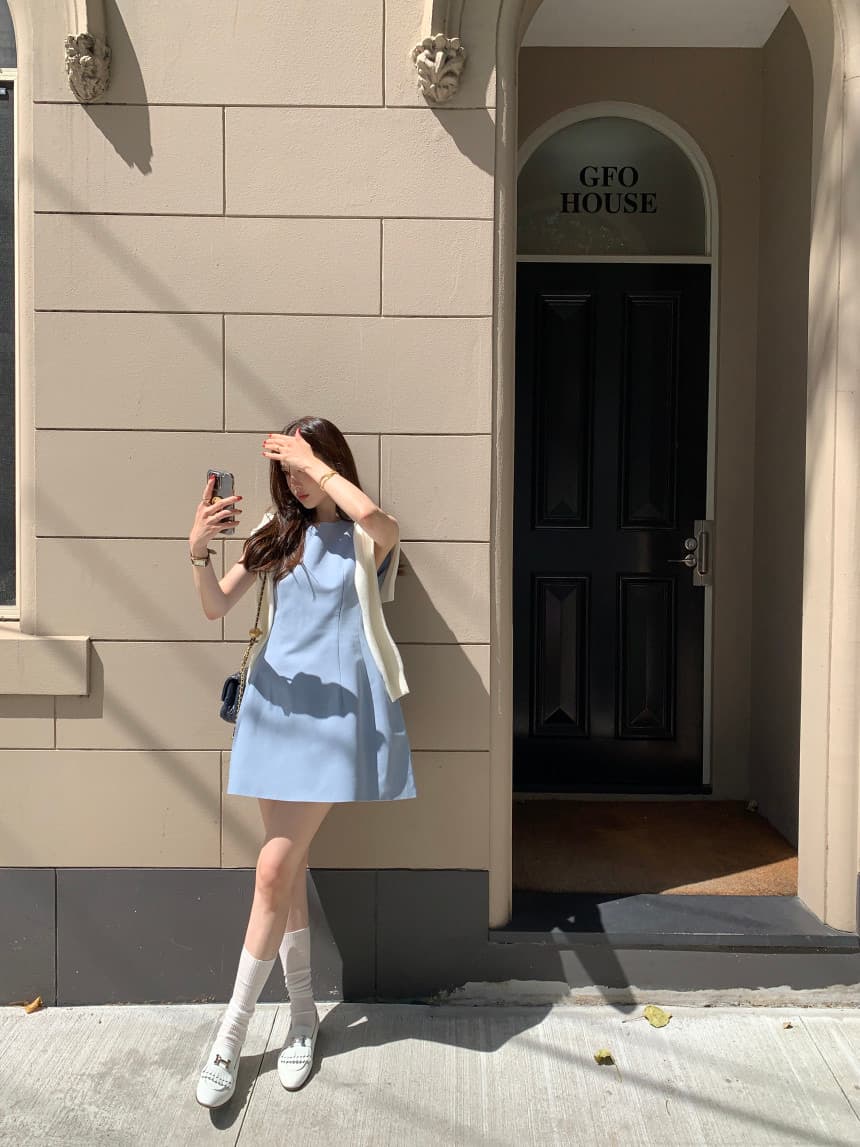 있음 선적 사이즈 업데이트 한국 chic 새로운 프랑스식 미니멀리즘 라운드 넥 품격 민소매 드레스 상세 이미지 59