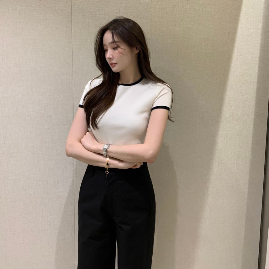 있음 선적 사이즈 업데이트 한국 chic 여름 새로운 얇은 스타일 프랑스식 배색 품격 반팔 니트 스웨터 이미지 5