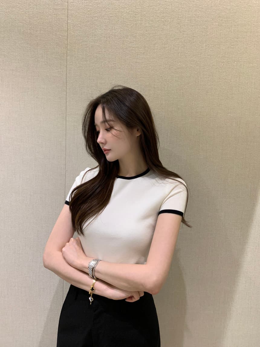 있음 선적 사이즈 업데이트 한국 chic 여름 새로운 얇은 스타일 프랑스식 배색 품격 반팔 니트 스웨터 상세 이미지 3