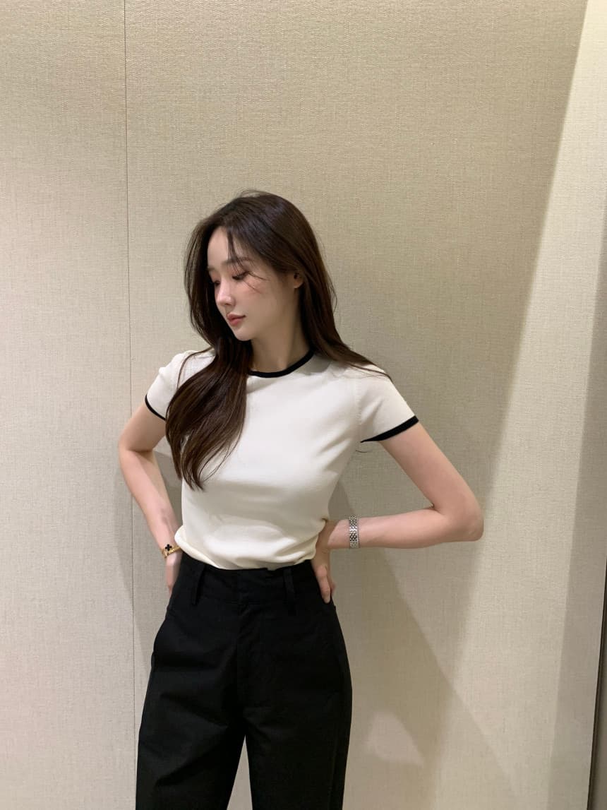 있음 선적 사이즈 업데이트 한국 chic 여름 새로운 얇은 스타일 프랑스식 배색 품격 반팔 니트 스웨터 상세 이미지 5