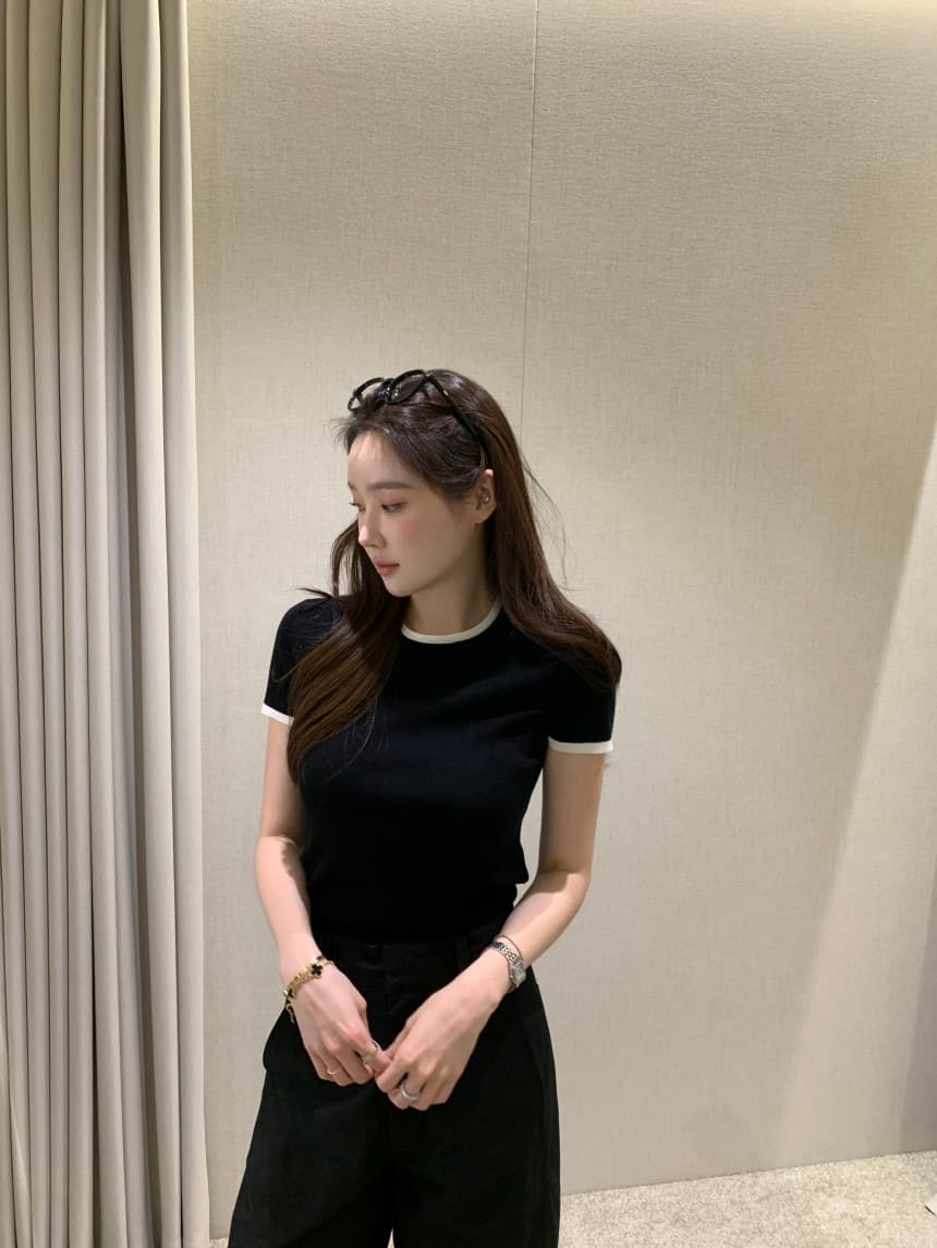 있음 선적 사이즈 업데이트 한국 chic 여름 새로운 얇은 스타일 프랑스식 배색 품격 반팔 니트 스웨터 상세 이미지 17