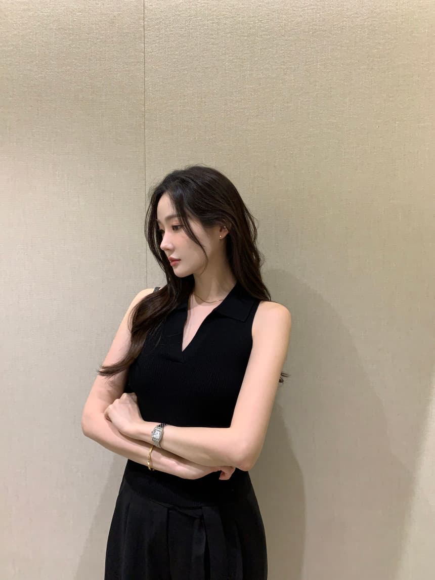 있음 선적 사이즈 업데이트 한국 chic 여름 새로운 미니멀리즘 폴로 칼라 민소매 니트 스웨터 상세 이미지 33