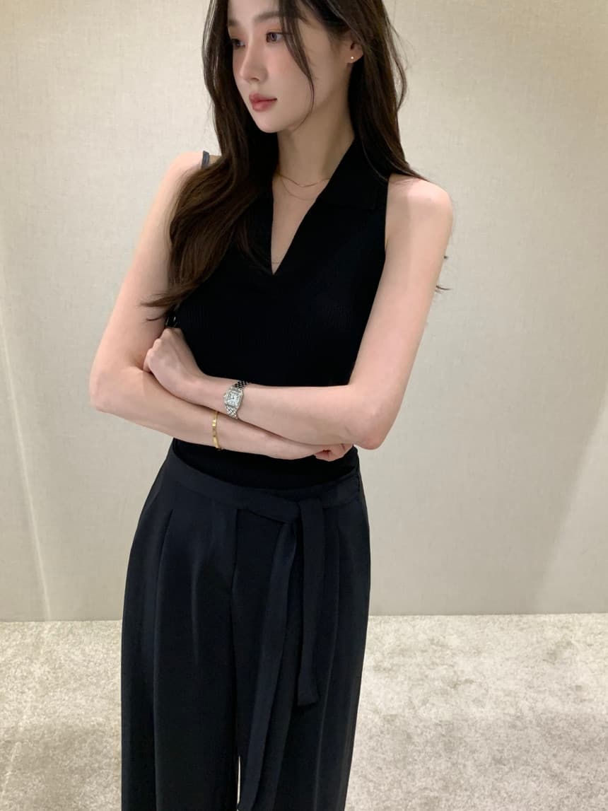 있음 선적 사이즈 업데이트 한국 chic 여름 새로운 미니멀리즘 폴로 칼라 민소매 니트 스웨터 상세 이미지 34