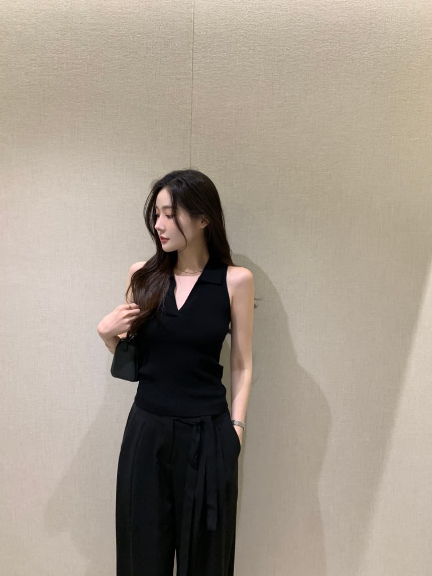 있음 선적 사이즈 업데이트 한국 chic 여름 새로운 미니멀리즘 폴로 칼라 민소매 니트 스웨터 상세 이미지 37