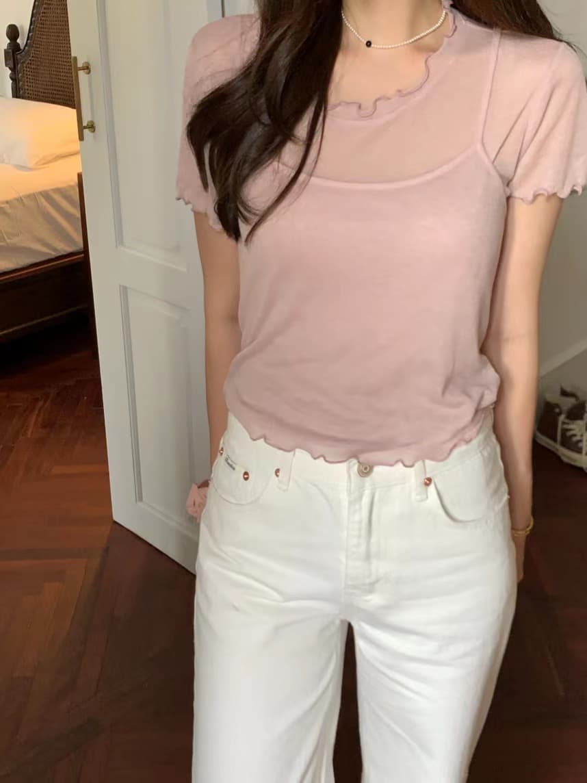 있음 선적 사이즈 업데이트 한국 스타일 chic 여름 새로운 미니멀리즘 라운드 넥 반팔 티셔츠 캐미솔 투피스 세트 이미지 2