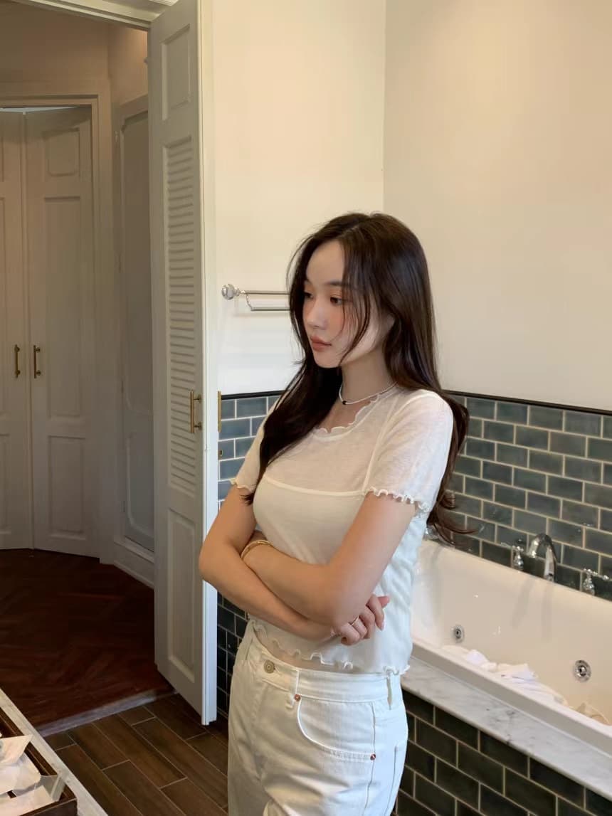 있음 선적 사이즈 업데이트 한국 스타일 chic 여름 새로운 미니멀리즘 라운드 넥 반팔 티셔츠 캐미솔 투피스 세트 상세 이미지 3