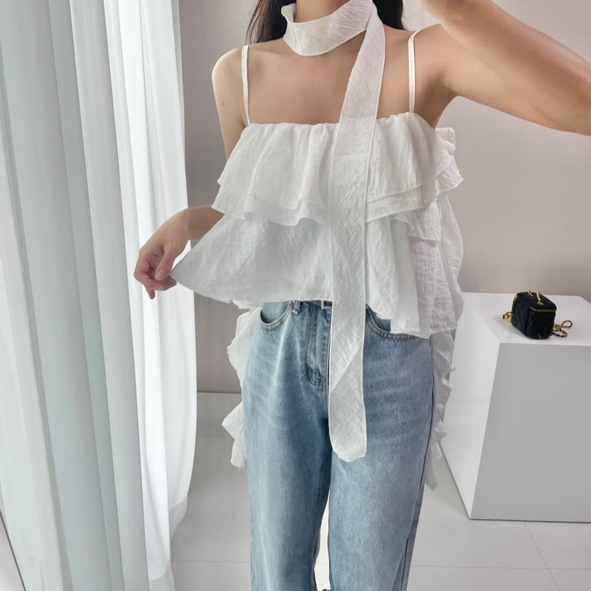 있음 선적 사이즈 업데이트 한국 chic 여름 새로운 프랑스식 달콤함 프릴 행침 목 레이스 캐미솔 이미지 5
