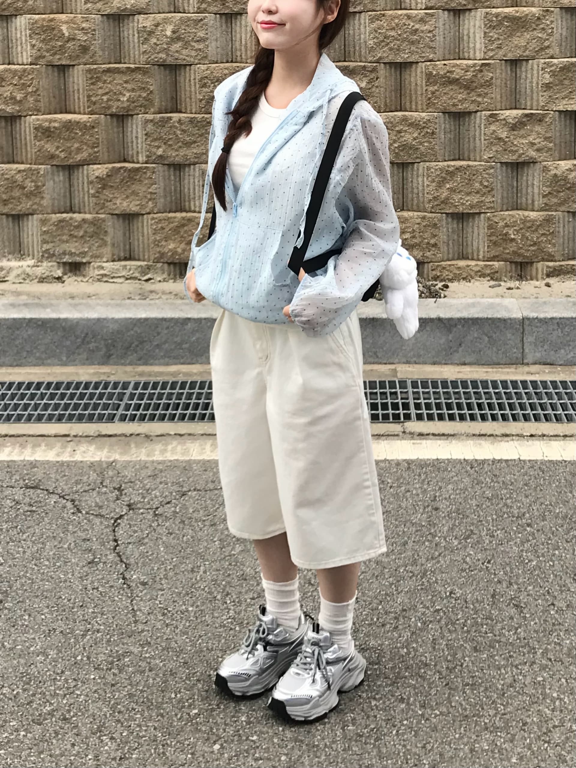 있음 선적 사이즈 업데이트 한국 chic 새로운 여름 도트 무늬 느슨함 센스 연령 감소 후드 레이스 재킷 셔츠 상세 이미지 5